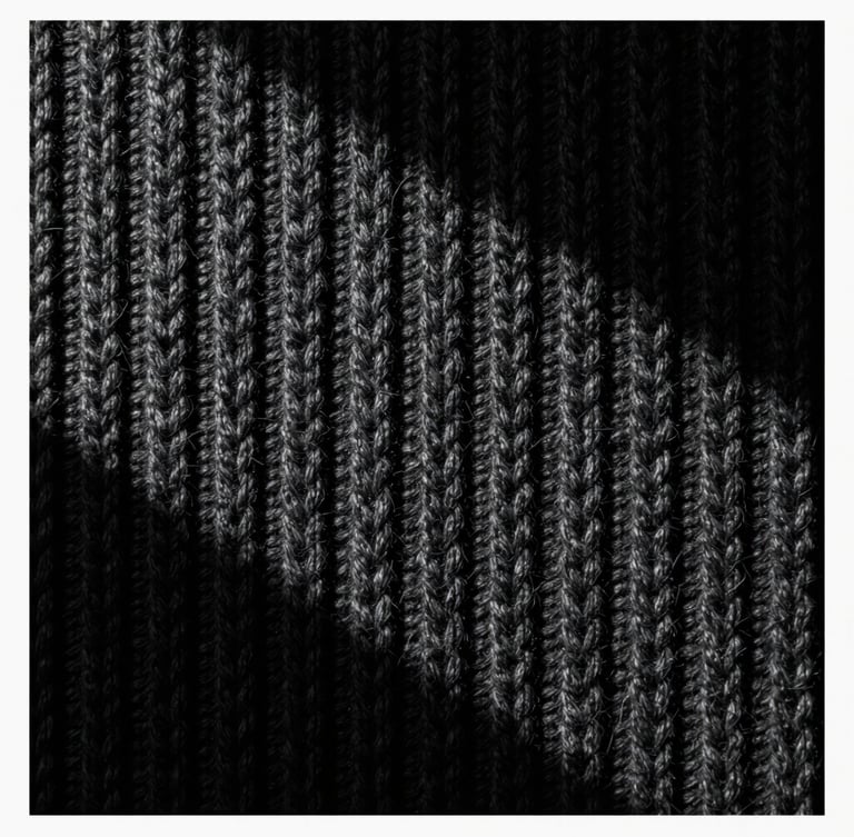 Close-up of heavy-gauge charcoal textile weave showing intricate structural knit, dramatic high-contrast side-lighting, deep obsidian tones, sharp focus, medium format film