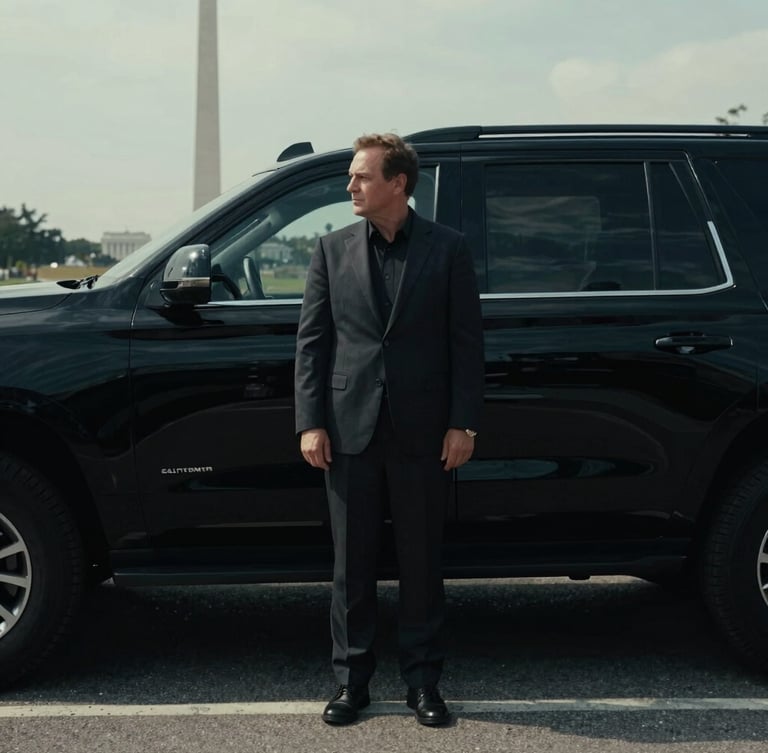 Low-key cinematic profile of a professional driver in a dark suit standing beside a black armored SUV, overcast Washington DC daylight, deep shadows, desaturated tones, 35mm.