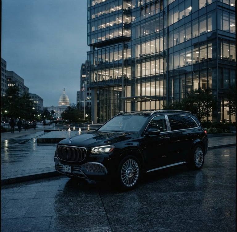 Wide shot of a sleek black executive SUV parked in front of a modern glass building in Washington, DC, low-key dramatic lighting, cool desaturated tones, anamorphic lens.