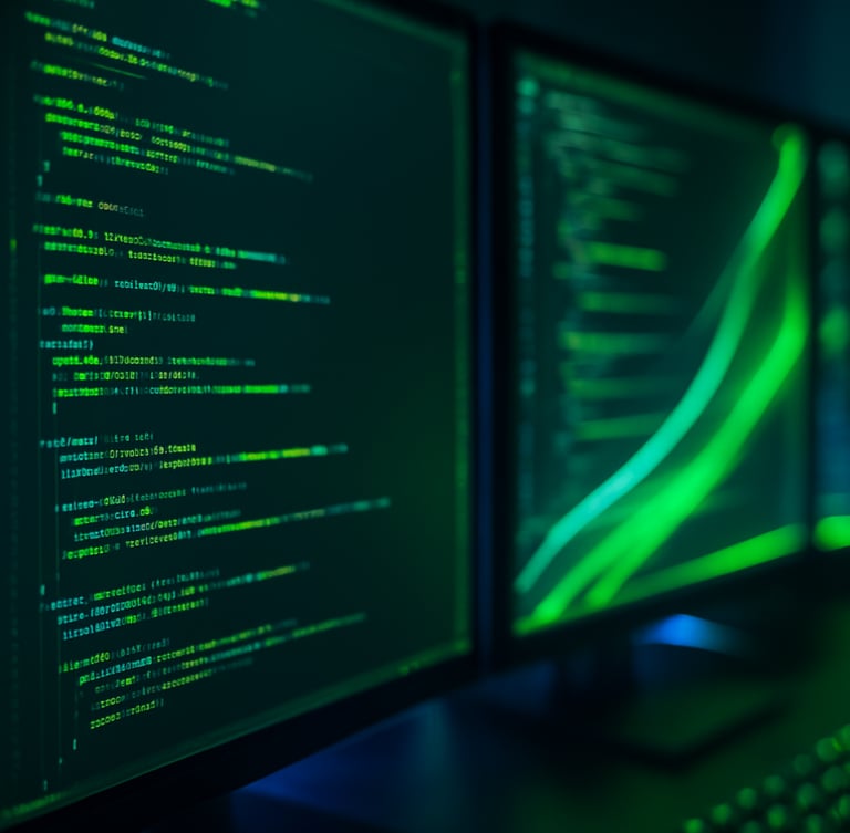Macro close-up of a developer workspace, glowing code on multiple vertical monitors reflecting electric teal and acid green neon light trails, dark-mode tech style