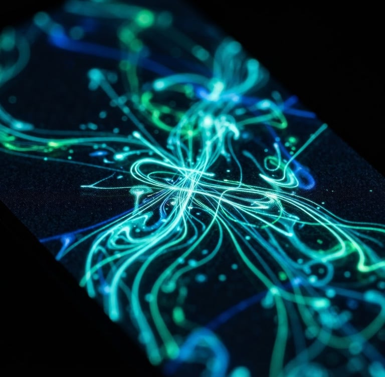 Extreme macro close-up of a high-end mobile screen displaying fluid UI animations, glowing neon teal light trails, dark obsidian background, shallow depth of field