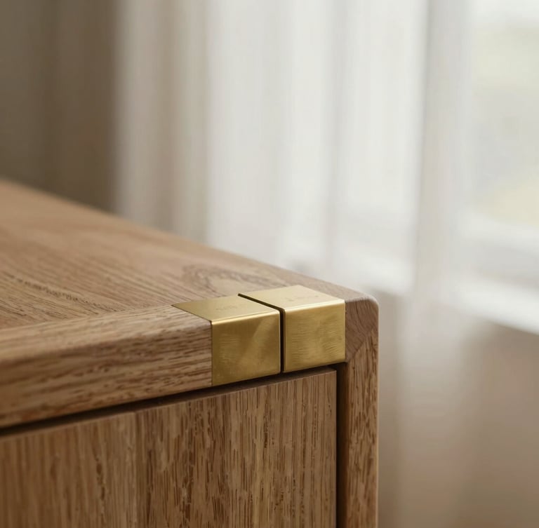 Macro detail shot of a hand-carved oak furniture joint meeting brushed brass, soft diffused window light, warm editorial aesthetic