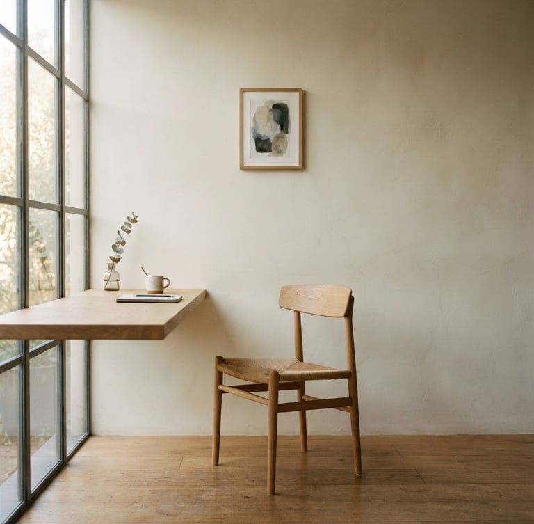 Straight-on architectural elevation of a minimalist workspace, soft natural window light, muted cream plaster wall, a single solid oak chair, shallow depth of field, 35mm