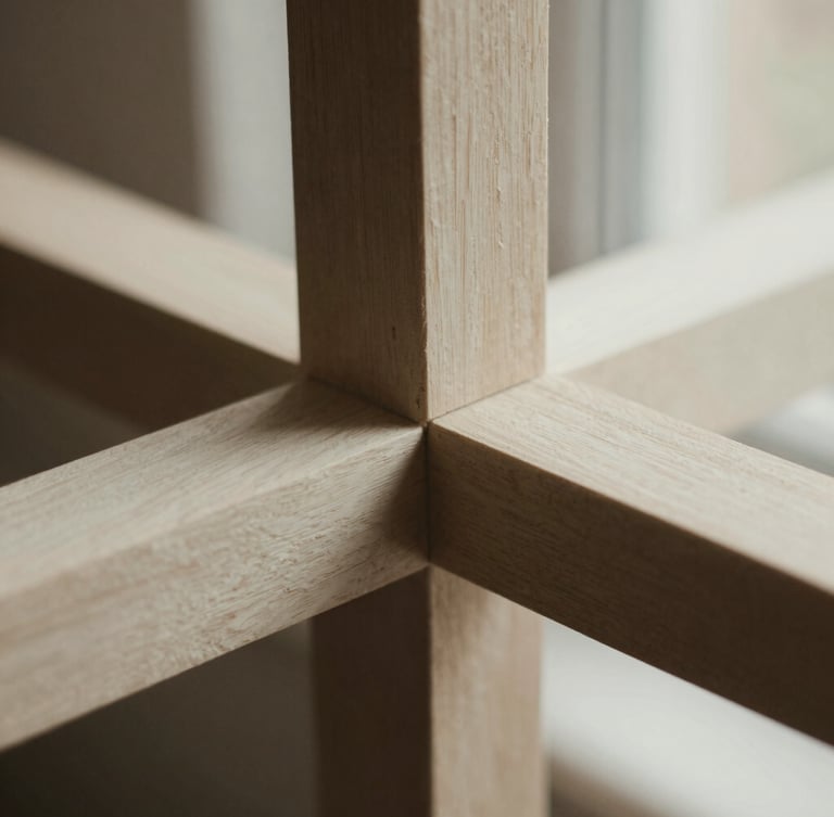 Macro detail shot of a hand-carved wood joint, soft natural light casting deep soft shadows, muted warm tones, shallow depth of field, 35mm