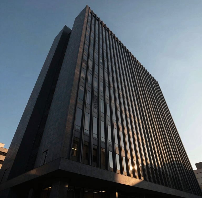 Wide-angle, low-angle dramatic corporate photography of a modern, imposing corporate building in León, Bajío, with sharp architectural lines, cool daylight, and deep shadows, projecting power and dominance.