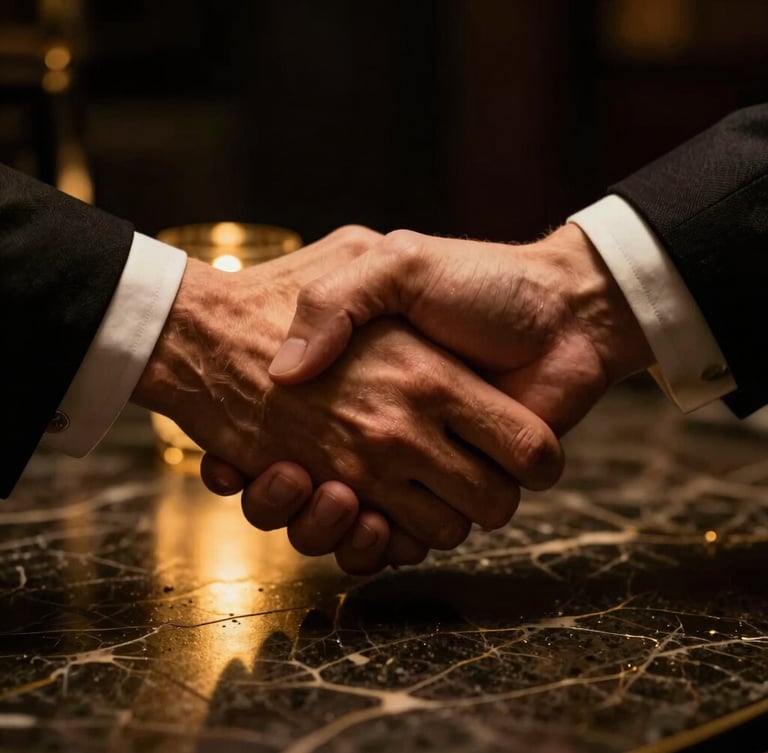 Dramatic close-up of hands in a firm handshake over a dark textured marble table, warm golden light reflecting on polished surfaces, luxury editorial style, 35mm