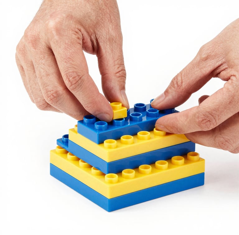 Close-up of hands assembling vibrant blue and yellow building bricks, bright high-key product photography, crisp studio lighting, clean white background, sharp focus, 50mm portrait