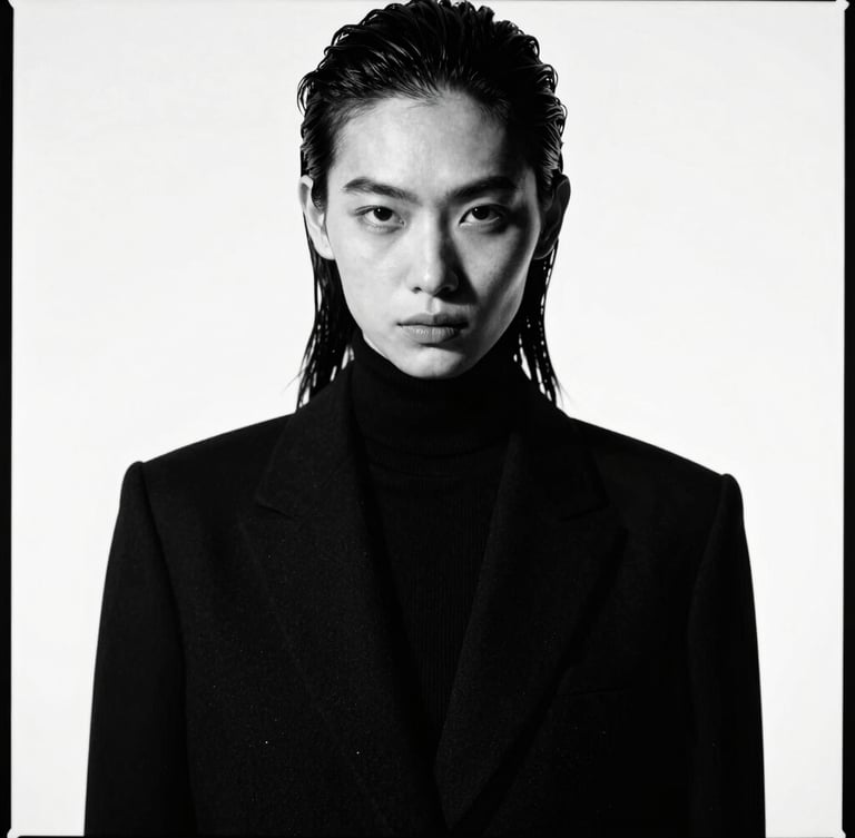 High-contrast black and white fashion portrait, sharp direct flash, professional model with a strong editorial expression, deep shadows, negative space, 35mm film.