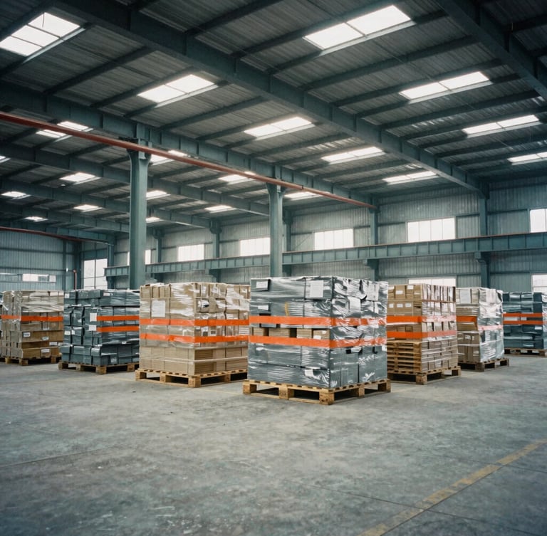 Interior of a massive steel-framed industrial warehouse in Bangladesh, organized pallets of cargo under high-contrast overcast skylight, cool gray concrete floors.