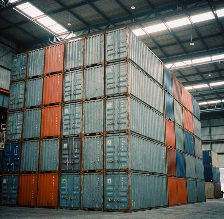 A tall portrait shot of a massive industrial warehouse interior, towering stacks of steel cargo containers, cool overcast light filtering from high skylights, 35mm film grain.