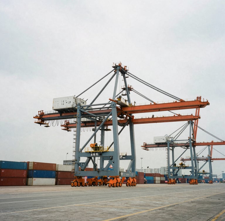 Wide-angle industrial documentary shot of a container terminal at Chittagong Port under overcast morning light, steel gray tones, safety orange crane accents.