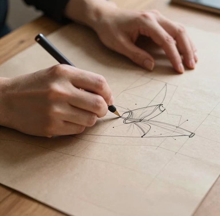 Close-up of a designer's hands drafting a custom dress pattern on heavy kraft paper, natural light.