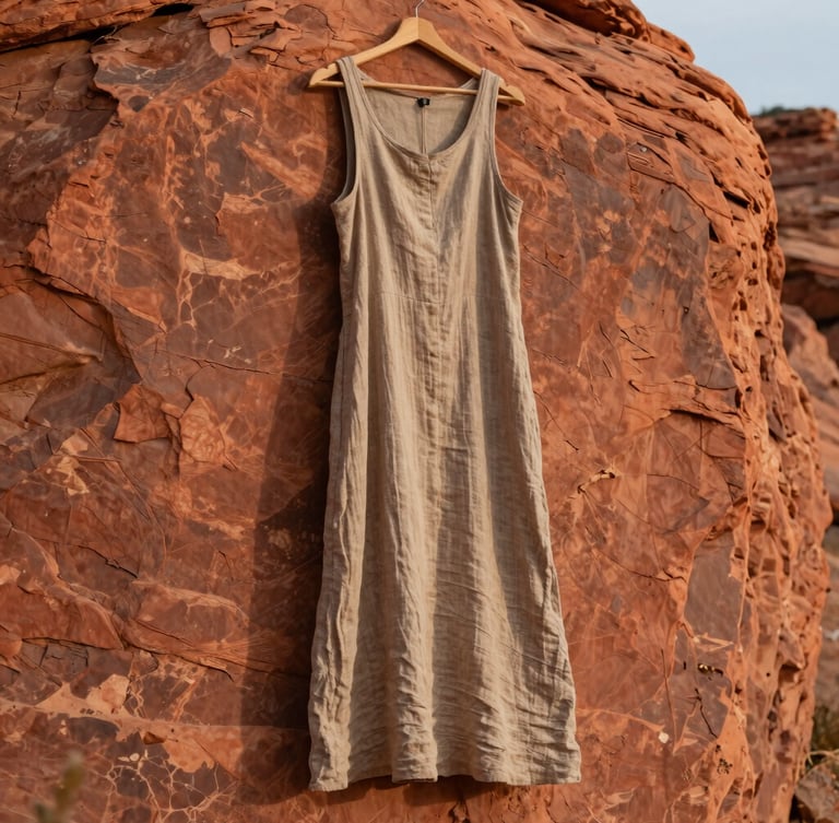 A beautifully draped clay-dyed linen dress hanging against a sun-drenched red rock cliff in Southern Utah, soft late afternoon light