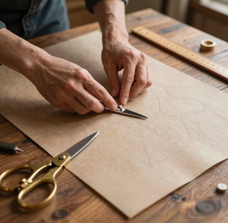 An artisan hand-drafting a garment pattern on heavy kraft paper, wooden rulers and brass shears on a rustic wooden table, warm diffused natural light.