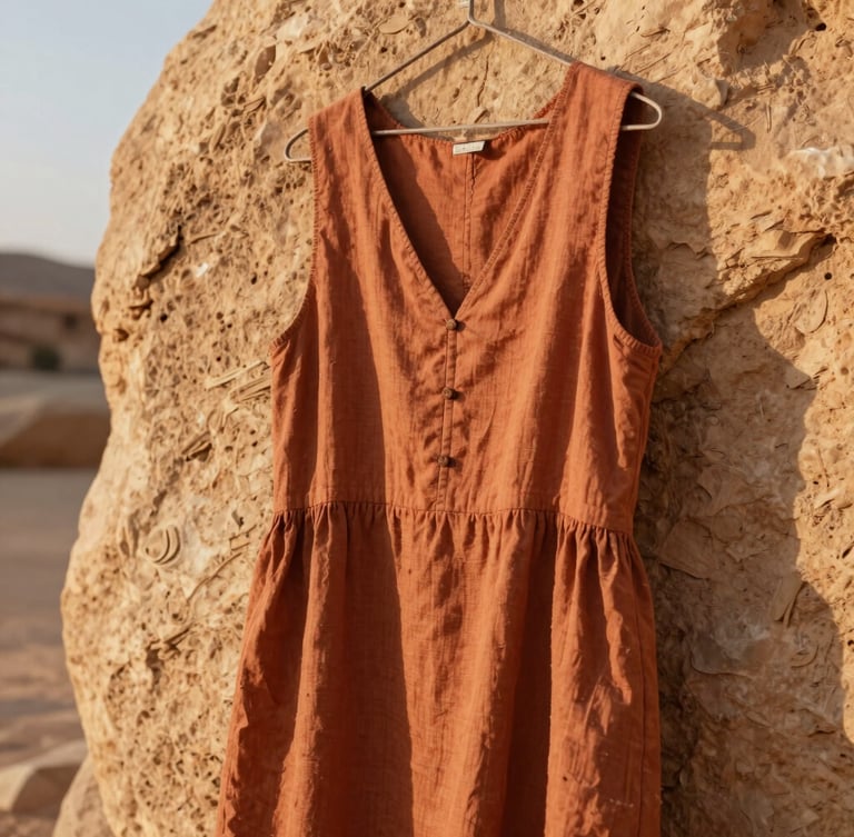 A close-up of a warm clay-colored linen dress hanging on a textured sandstone wall in the late afternoon desert sun, casting soft shadows.