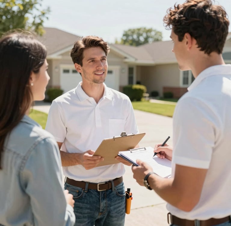 A professional contractor in a clean work shirt talking to a homeowner on a sunny driveway, holding a clipboard, bright natural daylight, warm realistic tones, sharp focus, 35mm