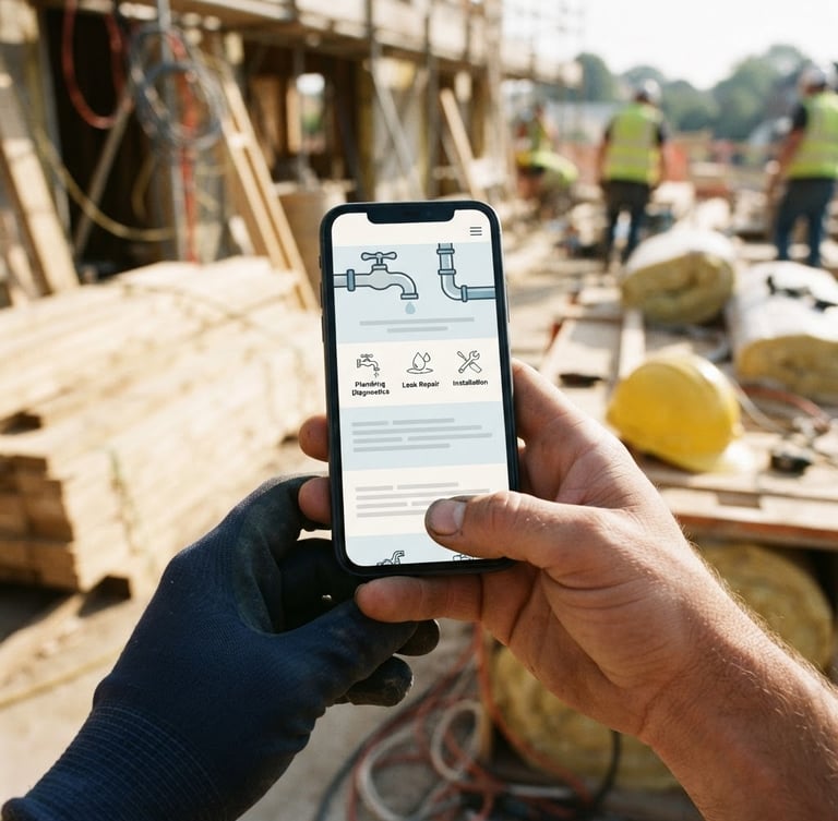 Close-up of hands holding a smartphone on a construction site, displaying a clean local plumbing website, bright daylight, 35mm
