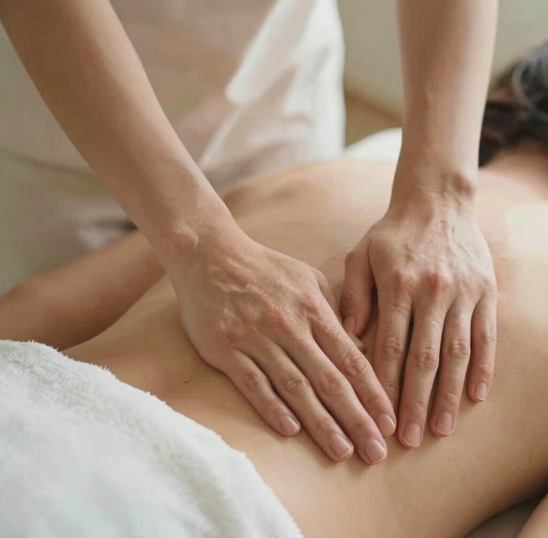 Close-up of therapeutic hands performing gentle bodywork, soft diffused natural daylight, clean linen texture, warm sand tones, shallow depth of field, 35mm