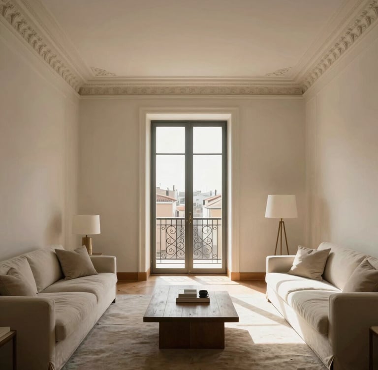 Straight-on architectural shot of a sunlit classic Madrid living room, original plaster moldings on high ceilings, warm afternoon light filtering through a wrought-iron balcony, elegant minimalist styling.