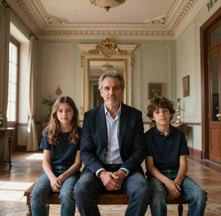 Natural portrait of a Spanish family team, a father and two adult children, sitting in a sunlit historic Madrid apartment with high ceilings and plaster moldings, warm afternoon light, elegant and professional.