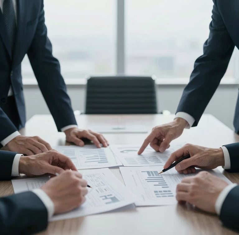 Close-up of hands of business executives in a modern boardroom reviewing financial blueprints, soft overcast daylight, elegant corporate atmosphere, minimalist composition.