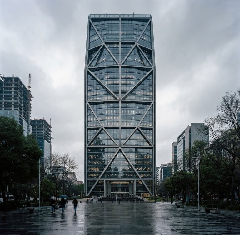 Architectural symmetry of a modern corporate skyscraper in Mexico City, clean lines, steel and glass facade reflecting overcast sky, 35mm editorial photography, deep navy tones.