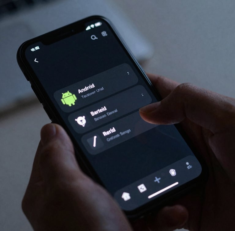 Close-up of hands interacting with a dark-mode Android application on a phone screen, cool ambient light, sharp screen-glow highlights, shallow depth of field