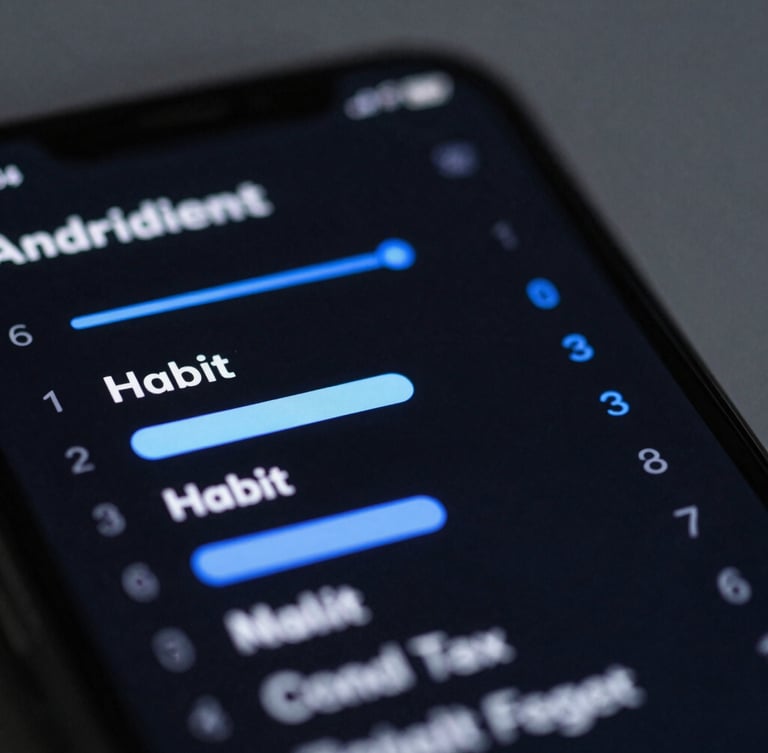 Macro shot of a high-fidelity Android phone screen displaying a dark-mode habit tracker interface with sharp electric-blue accents, cool ambient light, shallow depth of field