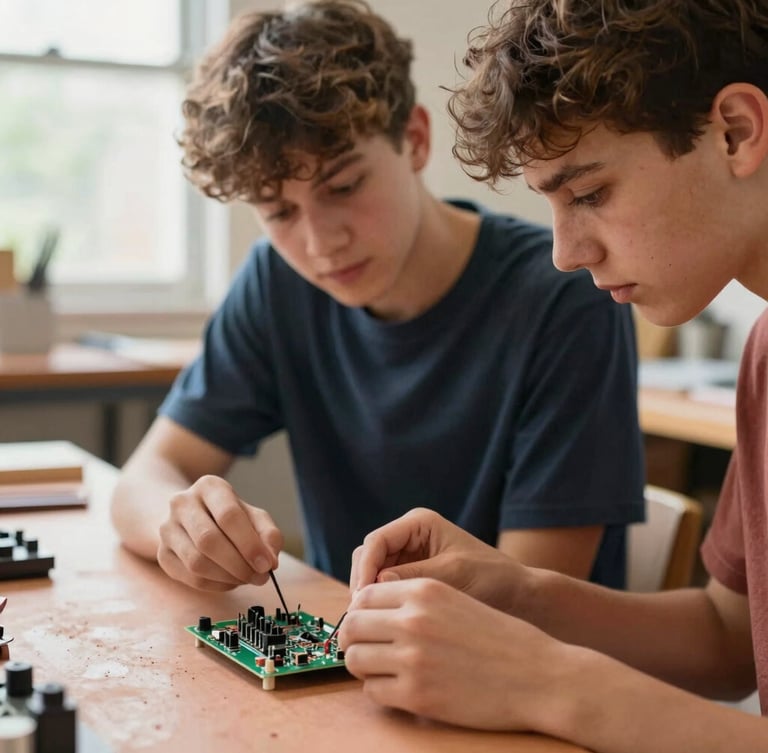 A close-up action shot of two high school students collaborating on a physical circuit board prototype in a bright Georgia workshop, warm clay tones, natural window light.