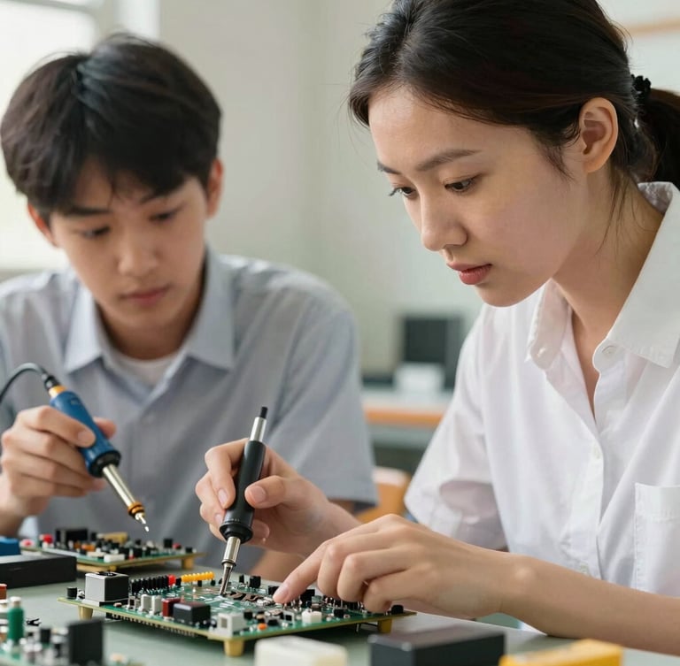 A close-up action shot of a professional female engineer pointing to a circuit board, guiding a focused high school student holding a soldering iron, warm workshop lighting, shallow depth of field.