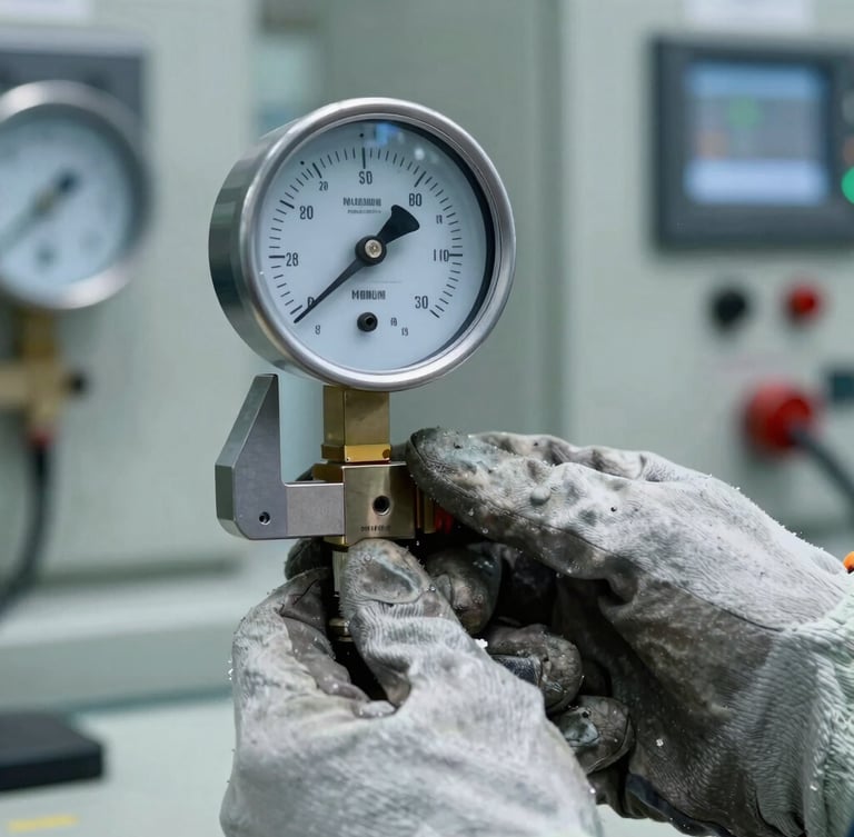 Macro detail of a hand in a heavy work glove calibrating a steel pressure transmitter with a handheld communicator, cool industrial daylight, sharp technical details, 50mm