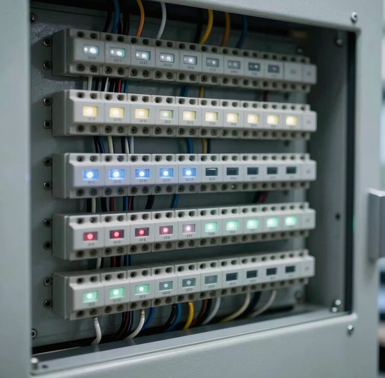 Macro detail shot of a meticulously wired industrial control cabinet, clean terminations, labeled terminal strips, cool LED status lights, sharp technical focus