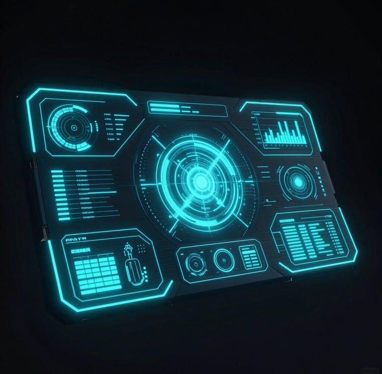 futuristic 3d render of a glowing neon starship cockpit interface, deep obsidian background, electric cyan telemetry, octane render, cinematic
