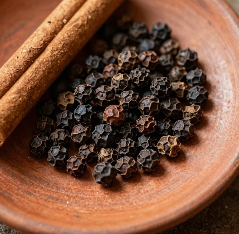 Overhead macro shot of whole black peppercorns and cinnamon bark on a rustic clay plate, warm afternoon sunlight casting rich textures