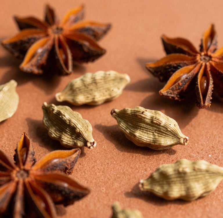 Macro close-up of whole cardamom pods and star anise scattered on a warm terracotta clay background, soft directional afternoon sunlight casting deep shadows, 35mm photography