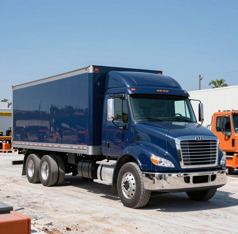 A clean, modern commercial hauling truck parked on a bright Florida job site, crisp sunlight reflecting off the deep navy blue metal, organized equipment nearby.