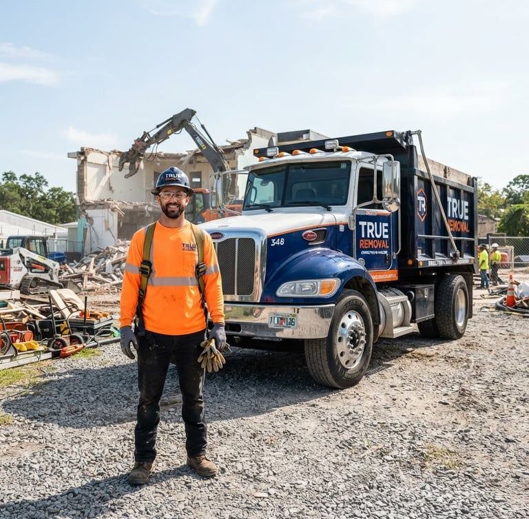 A professional, uniformed demolition crew member standing next to a clean, branded TRUE REMOVAL truck on an organized Tampa job site under bright Florida sunlight, sharp focus, 35mm lens.