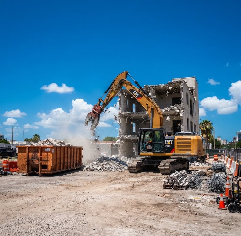 Wide-angle action shot of an organized demolition site in bright Florida sunlight, a clean hydraulic excavator working near a heavy-duty container, high-contrast deep blue sky, sharp focus, 35mm lens.