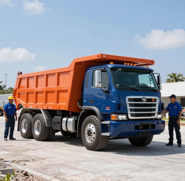 A clean, modern heavy-duty hauling truck parked on a neat job site under bright Florida daylight, professional crew members in clean uniforms standing nearby, crisp commercial photography.