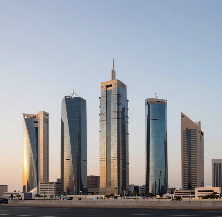 Wide environmental shot of modern corporate Jeddah business district skyline during golden hour, luxury office towers reflecting warm sunlight, clean composition with ample sky.
