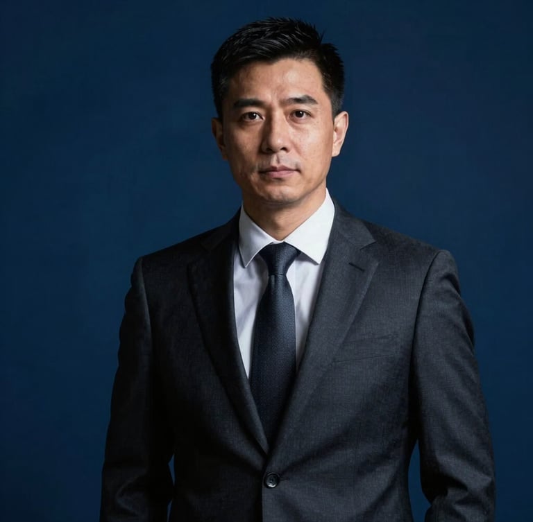 High-contrast professional portrait of a male attorney in a sharp dark suit, cool studio lighting, deep cobalt background, looking authoritative, 35mm