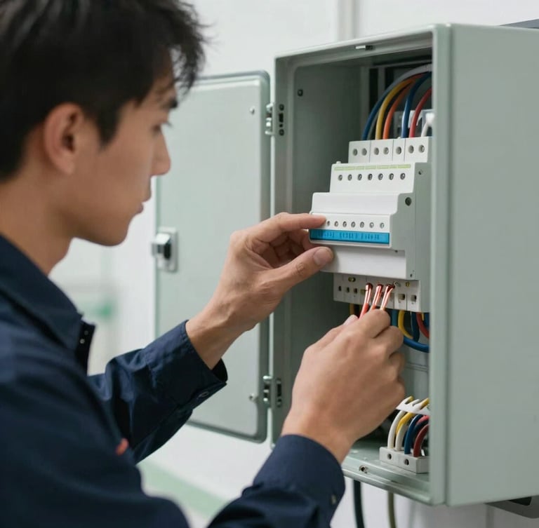 A clean-cut technician in a dark blue uniform carefully installing a modern smart electrical panel, perfectly routed copper wires, bright natural daylight, tight macro shot.
