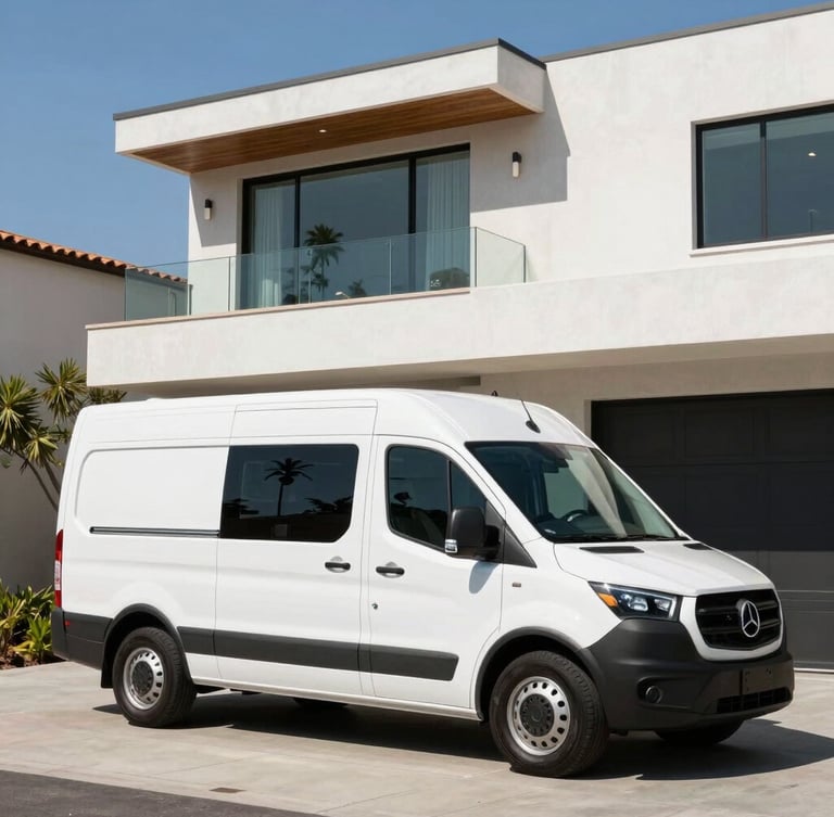A clean, modern branded service vehicle parked in front of a contemporary Calabasas estate, bright Southern California daylight, architectural lines.