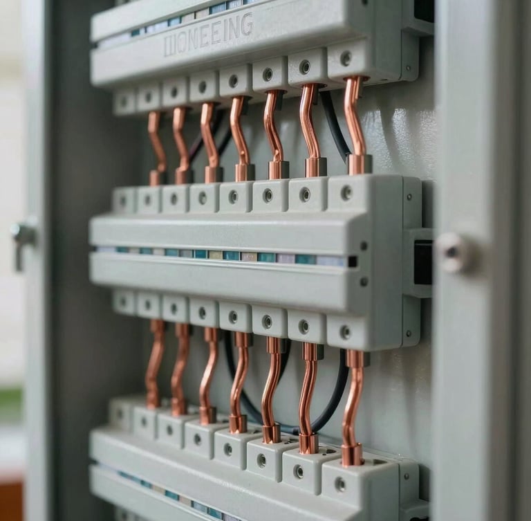 Macro shot of a perfectly organized residential electrical panel, copper grounding wires routed with clinical geometric precision, bright natural side lighting.