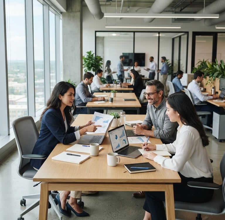 Modern organized office environment with professionals collaborating over clean desks, bright natural window light, professional cool tones