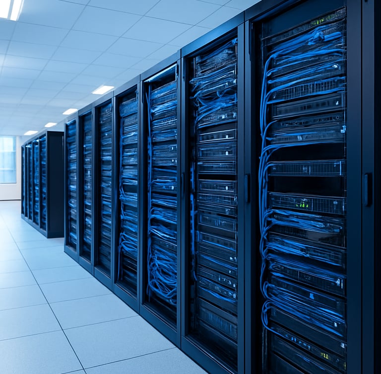 Modern clean server room with organized cables, cool blue LED lighting, professional corporate IT infrastructure, 35mm lens, corporate editorial photography