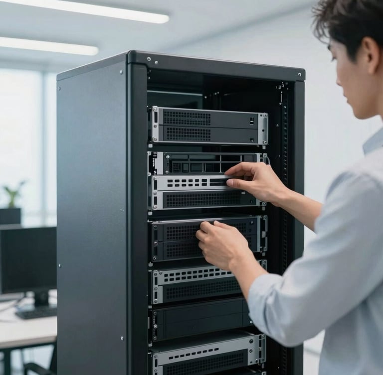 Close-up of a professional in a clean minimalist workspace configuring an organized server rack, soft natural lighting, cool tones