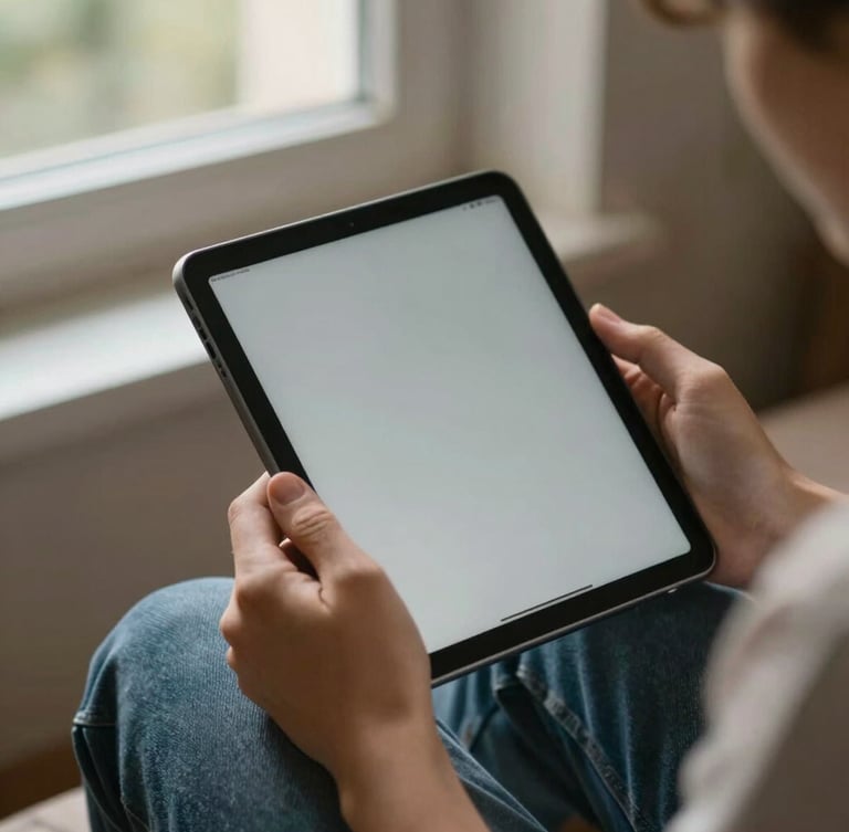 Inquadratura ravvicinata e calda di due mani che tengono un tablet, luce naturale domestica proveniente da una finestra, atmosfera serena e rilassata.