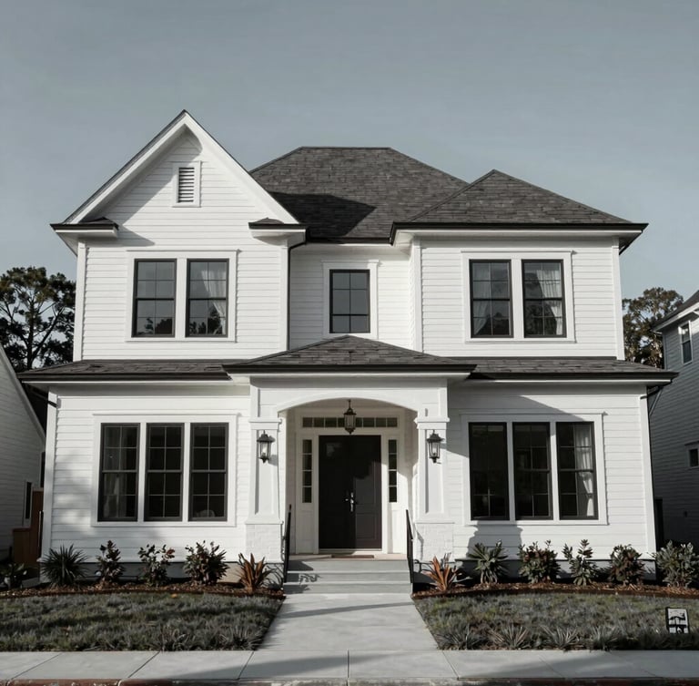 Dramatic low-angle architectural photograph of a premium home exterior renovation in North Carolina, crisp morning daylight, high-contrast desaturated gray tones, sharp focus, 35mm lens.