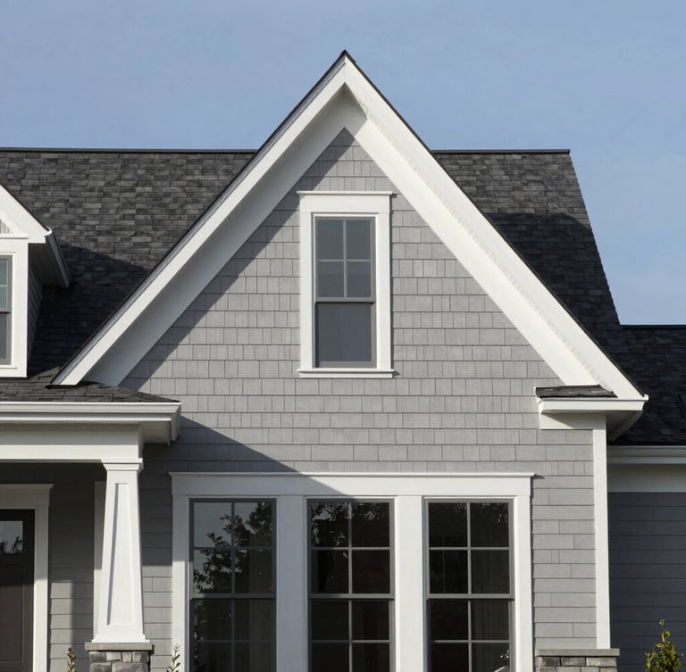 Architectural elevation of a premium North Carolina home under crisp morning daylight, showing clean rooflines and high-contrast desaturated gray tones.
